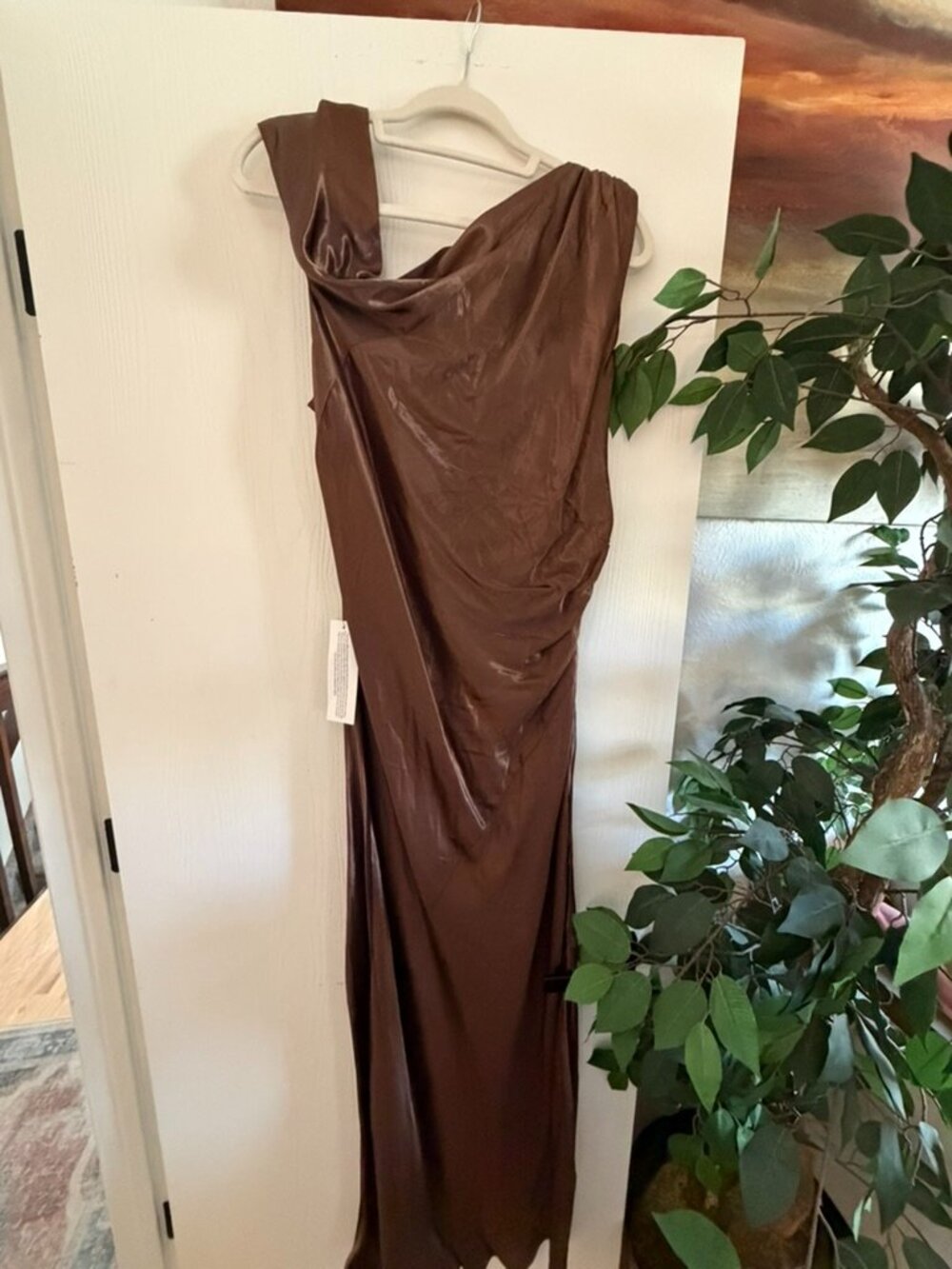 Topshop drape neck off the shoulder midi occasion dress in chocolate - Size 12 - Picture 3 of 4